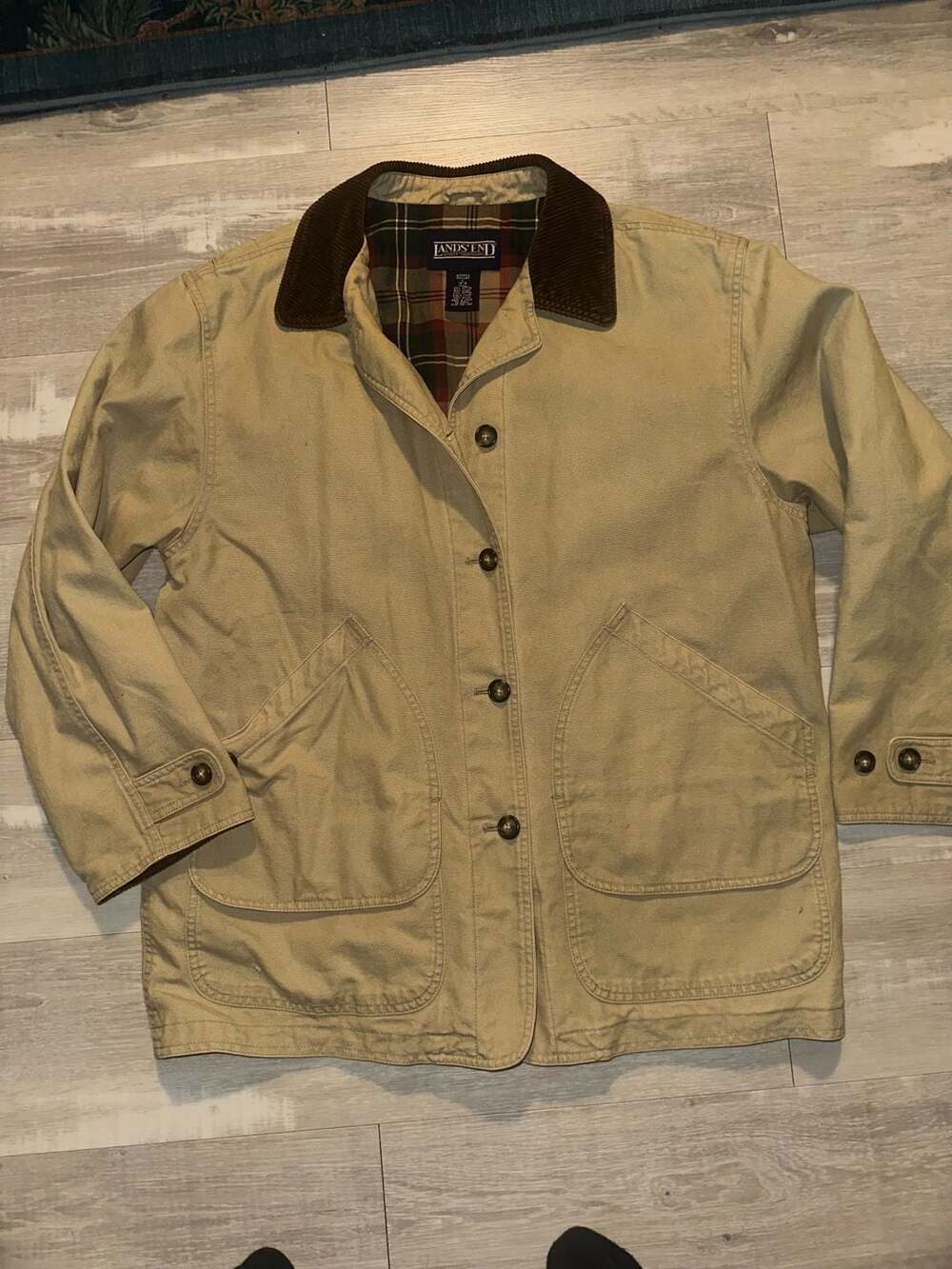 Vintage Lands End Tan Canvas Barn Field Chore Jacket Corduroy Collar Plaid Lined